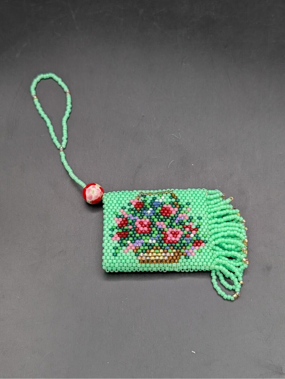 Vintage Hand Woven Seed Bead Amulet Pouch Keyring Floral Flower Basket Fringe